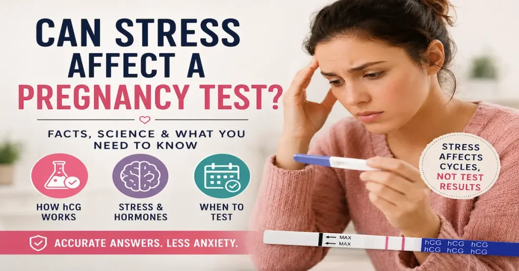 Worried woman holding a pregnancy test with infographic text explaining how stress affects menstrual cycles but not pregnancy test results or hCG detection.