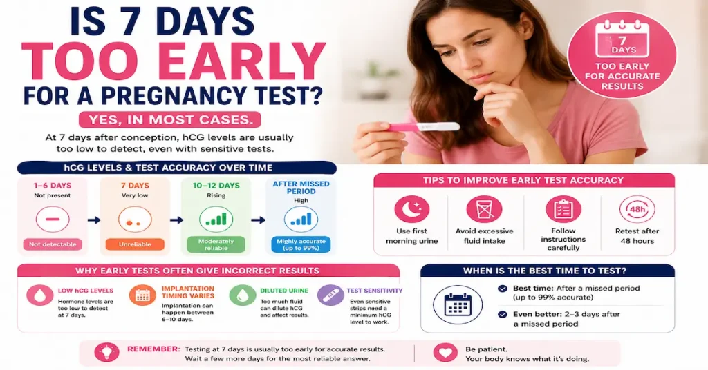 Woman looking at a pregnancy test with infographic explaining why 7 days after conception is usually too early for accurate pregnancy test results due to low hCG levels.