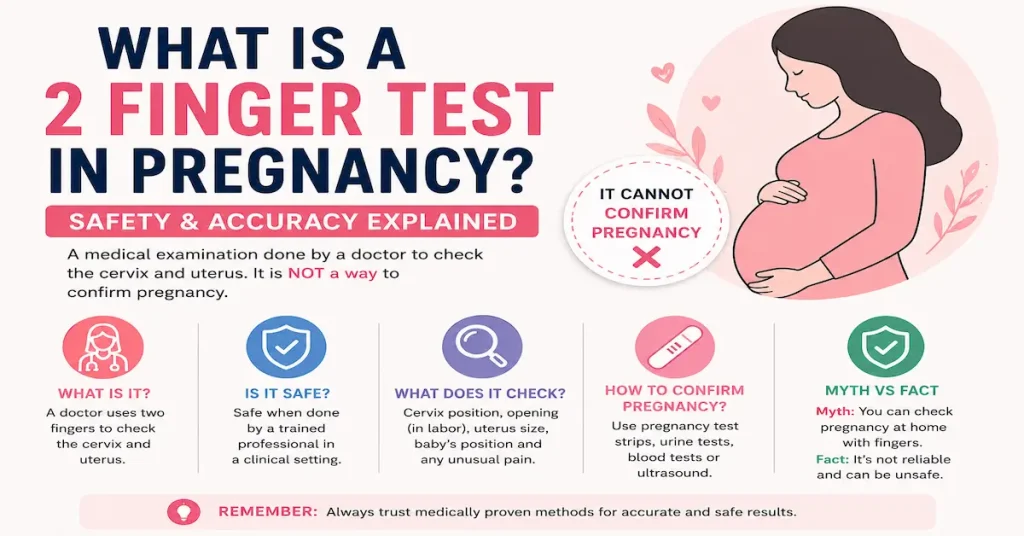 Simple infographic explaining the 2 finger test in pregnancy, showing that it is a medical examination used to check the cervix and uterus and cannot confirm pregnancy.