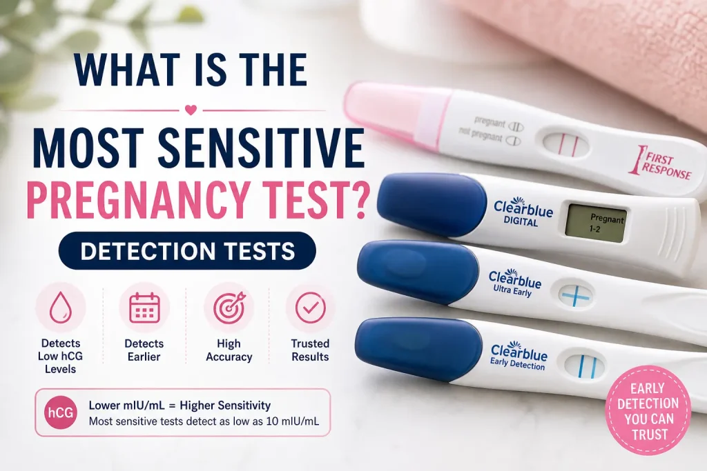 Featured image showing highly sensitive pregnancy tests including First Response and Clearblue with text about early hCG detection and pregnancy test accuracy.